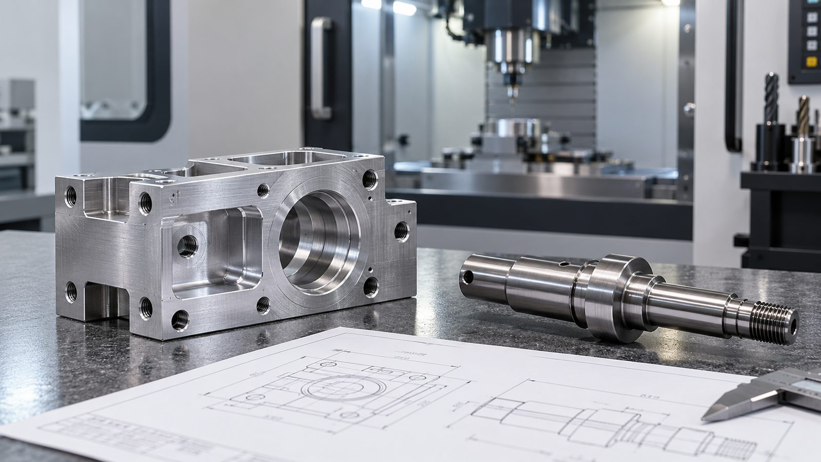 Conceptual CNC-machined aluminum and steel components beside generic machining equipment; not a verified Beizhou or supplier sample.