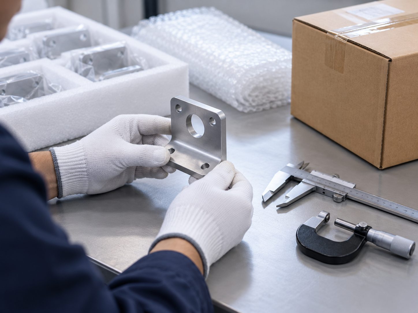 Conceptual metal bracket review with generic measuring tools and protective packaging; not inspection evidence.