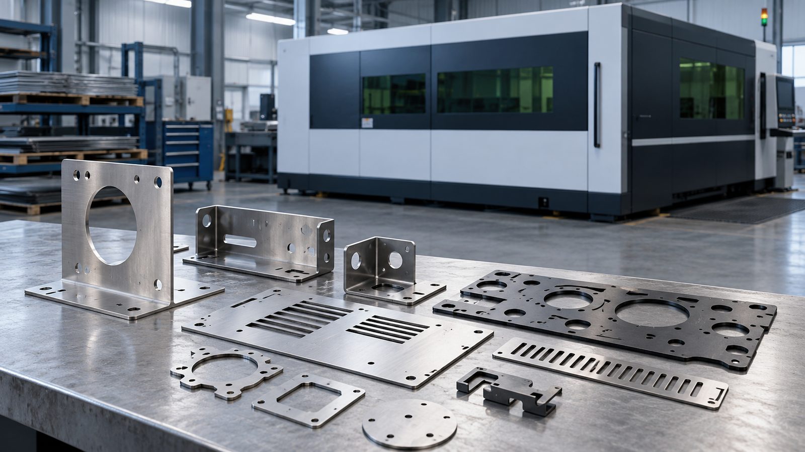 Conceptual illustration of laser-cut metal parts and generic cutting equipment; not verified Beizhou equipment or production samples