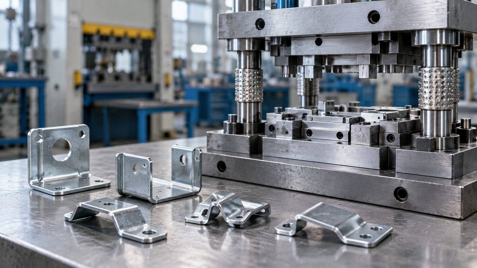 Conceptual stamping die and formed metal brackets; not a verified production sample