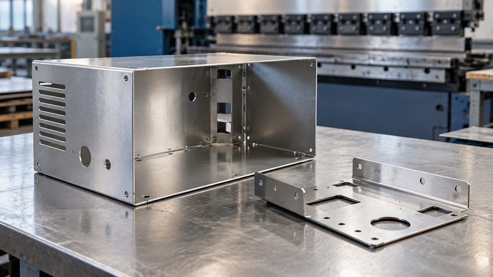 Conceptual sheet metal enclosure and formed bracket; not a verified production sample