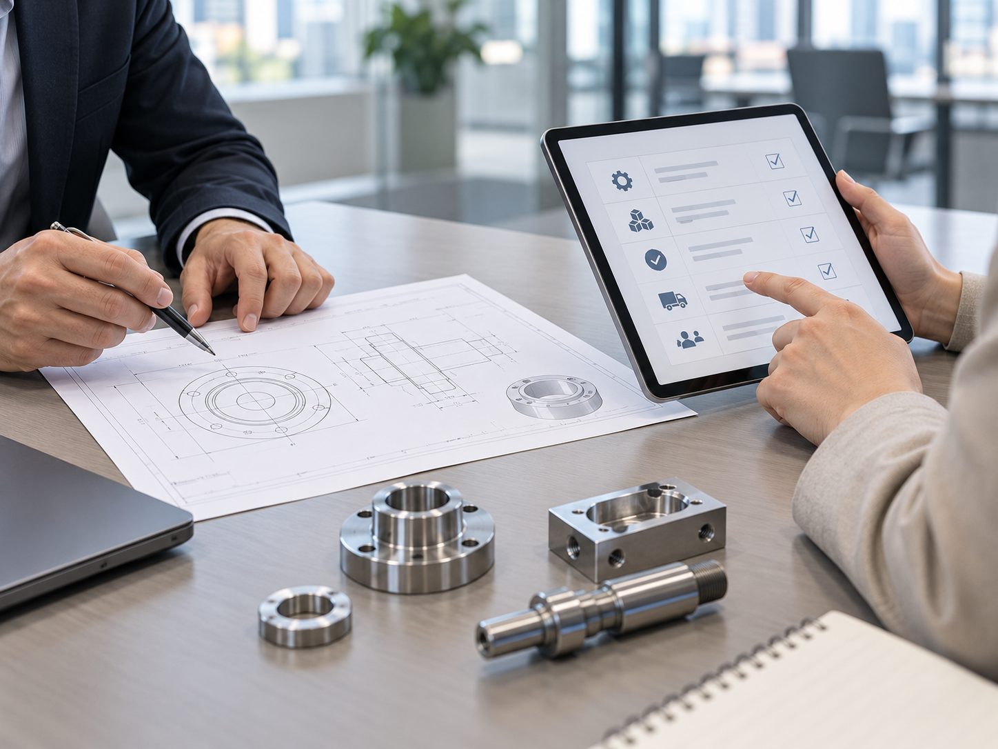 Anonymous business and engineering collaborators review a metal part drawing; this does not depict Beizhou staff or a documented supplier process.